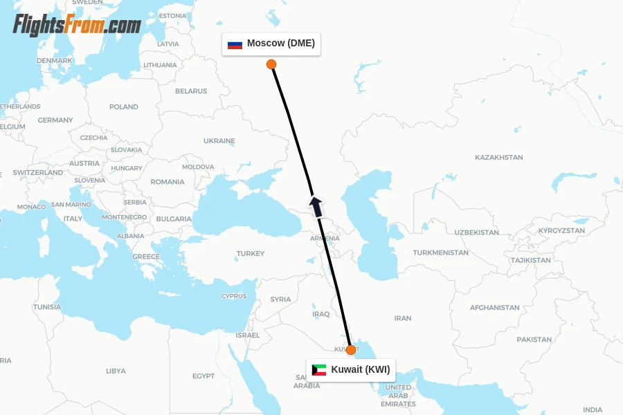 Flights from Kuwait to Moscow route map