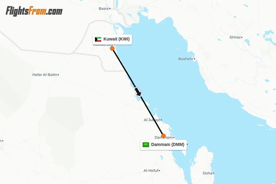 Flights from Kuwait to Dammam route map