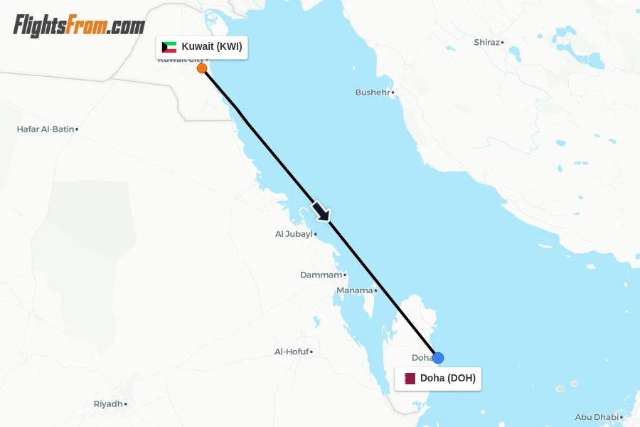 Flights from Kuwait to Doha route map