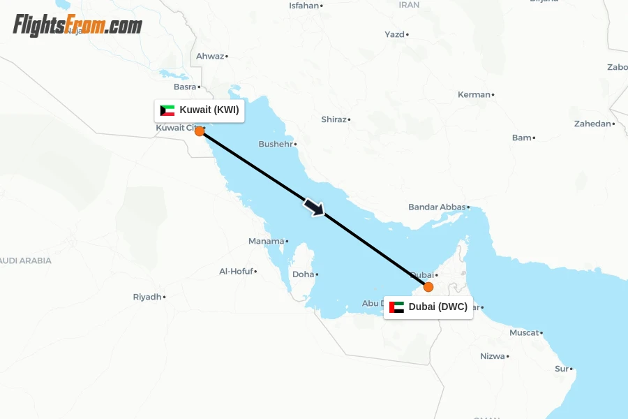 Flights from Kuwait to Dubai route map