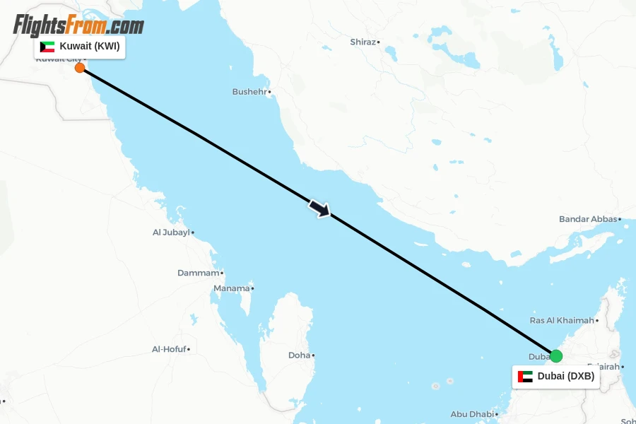 Flights from Kuwait to Dubai route map