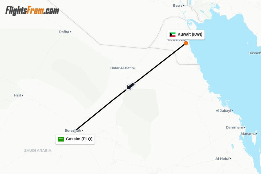 Flights from Kuwait to Gassim route map