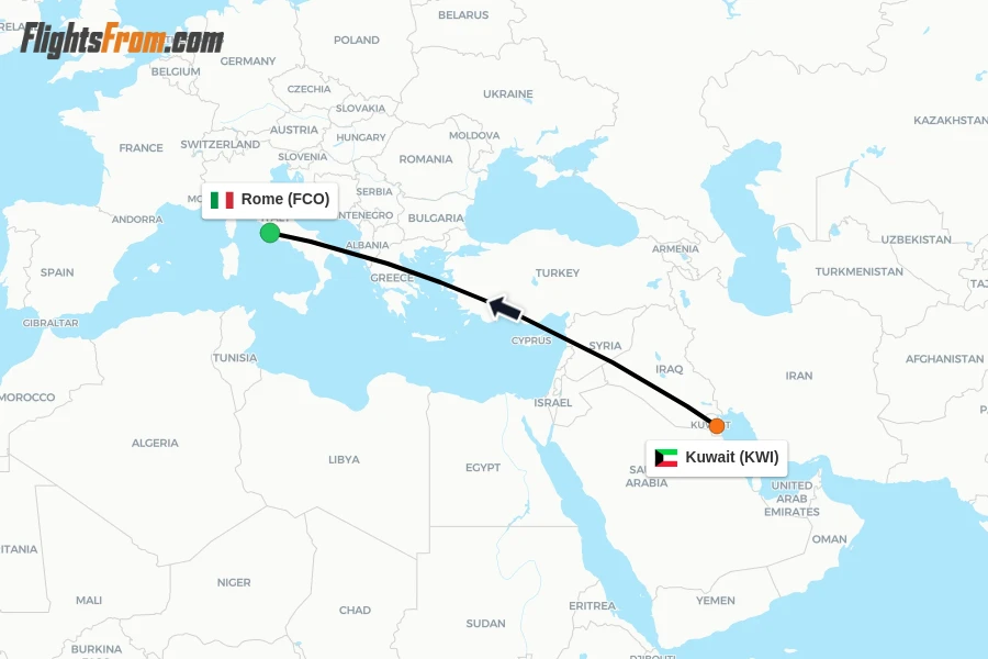 Flights from Kuwait to Rome route map
