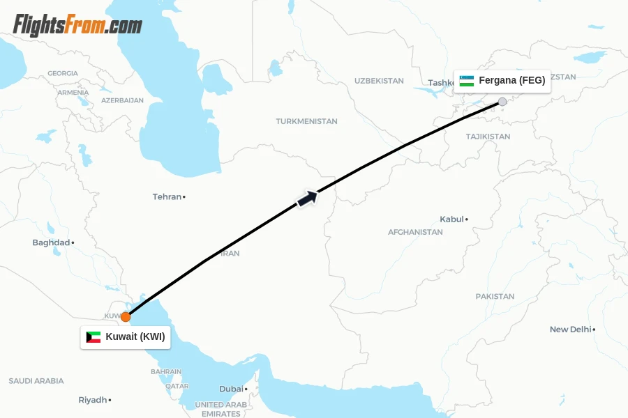 Flights from Kuwait to Fergana route map