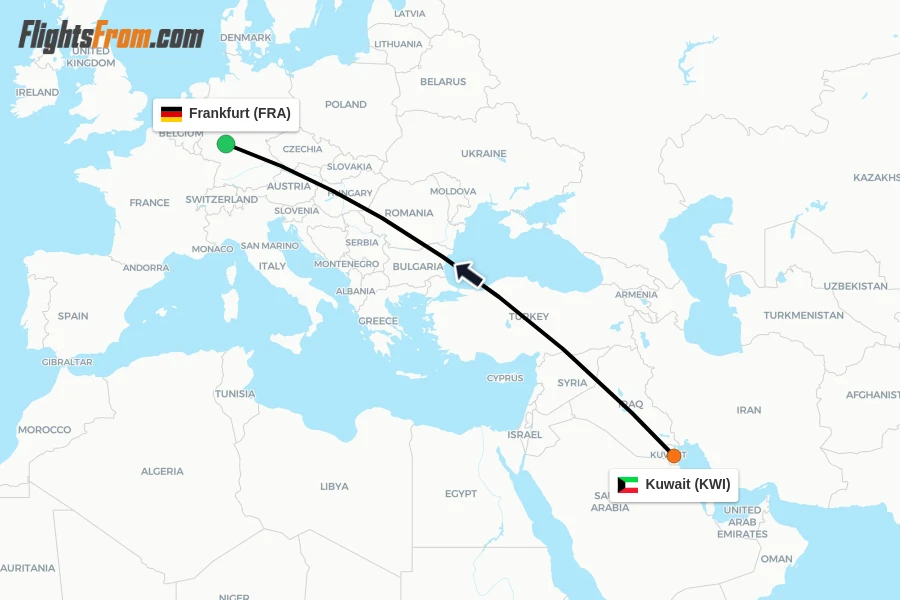 Flights from Kuwait to Frankfurt route map