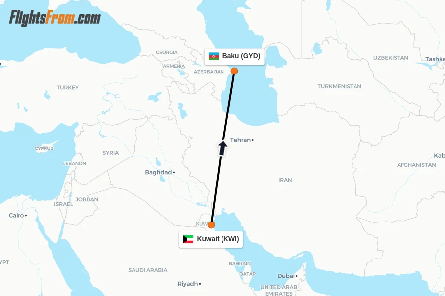 Flights from Kuwait to Baku route map