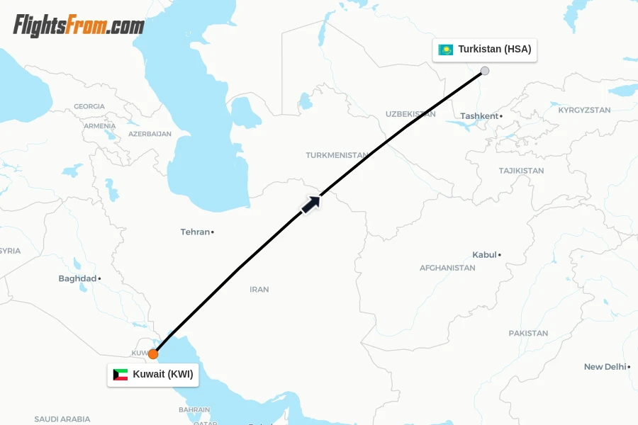 Flights from Kuwait to Turkistan route map