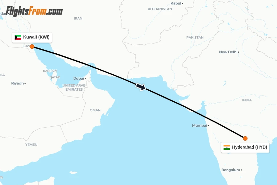 Flights from Kuwait to Hyderabad route map