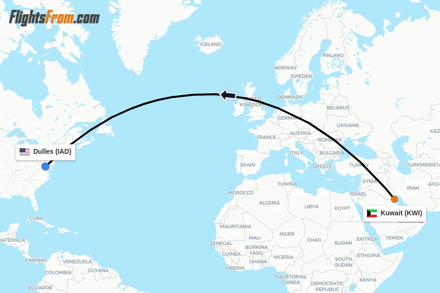 Flights from Kuwait to Dulles route map