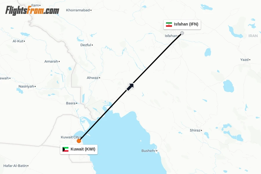 Flights from Kuwait to Isfahan route map