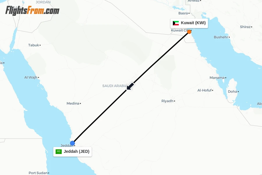 Flights from Kuwait to Jeddah route map