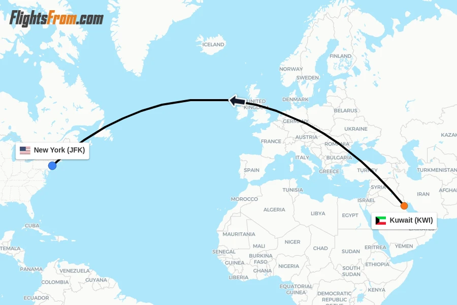 Flights from Kuwait to New York route map
