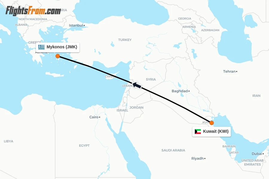 Flights from Kuwait to Mykonos route map
