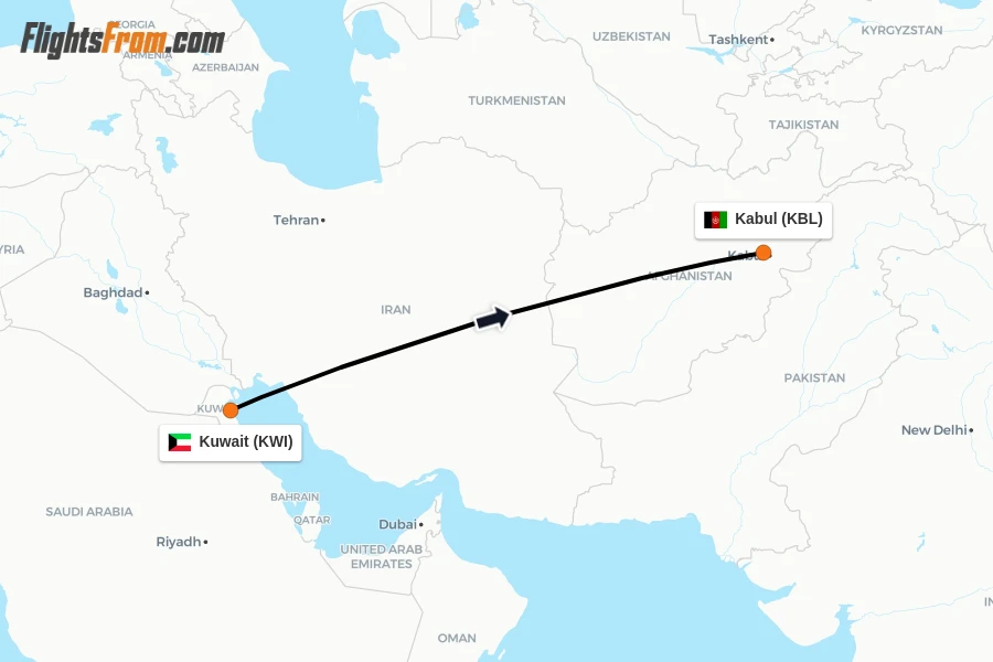Flights from Kuwait to Kabul route map