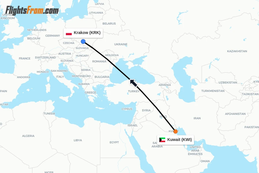 Flights from Kuwait to Krakow route map