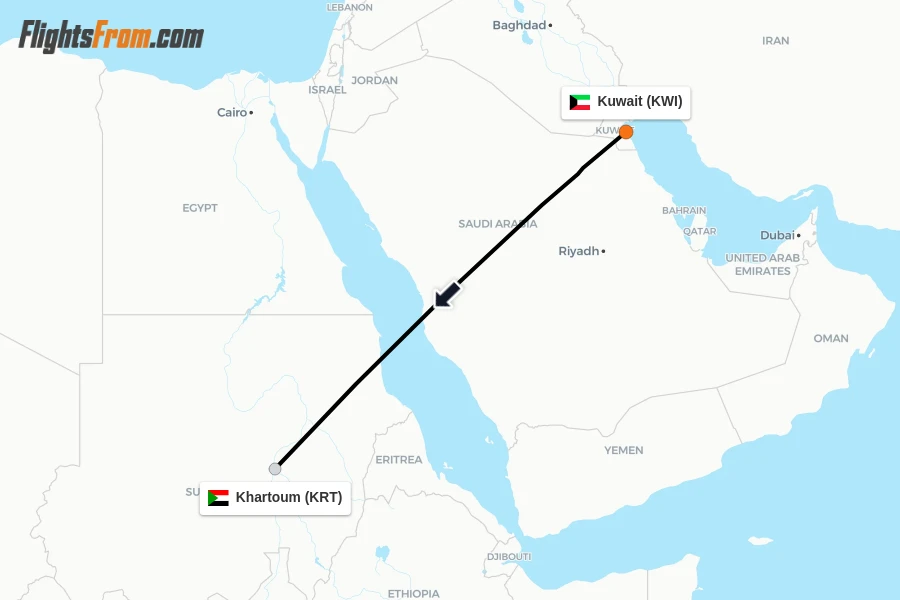 Flights from Kuwait to Khartoum route map