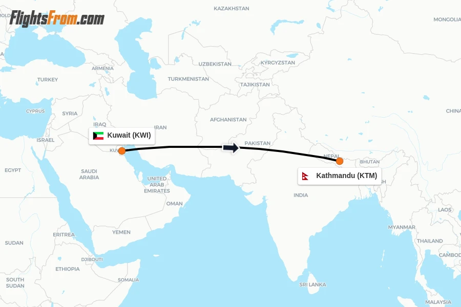 Flights from Kuwait to Kathmandu route map