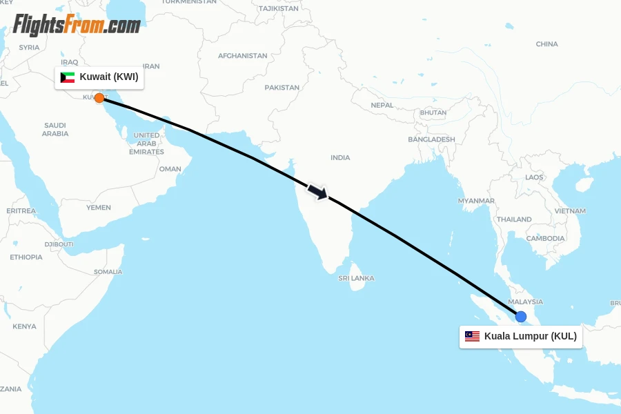 Flights from Kuwait to Kuala Lumpur route map