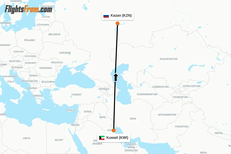 Flights from Kuwait to Kazan route map