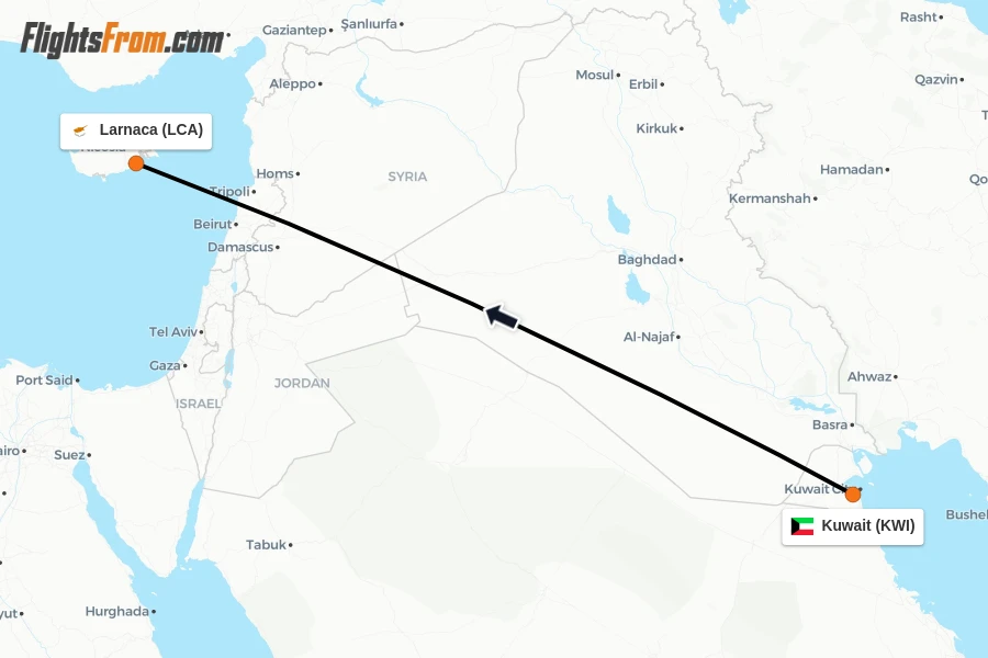 Flights from Kuwait to Larnaca route map