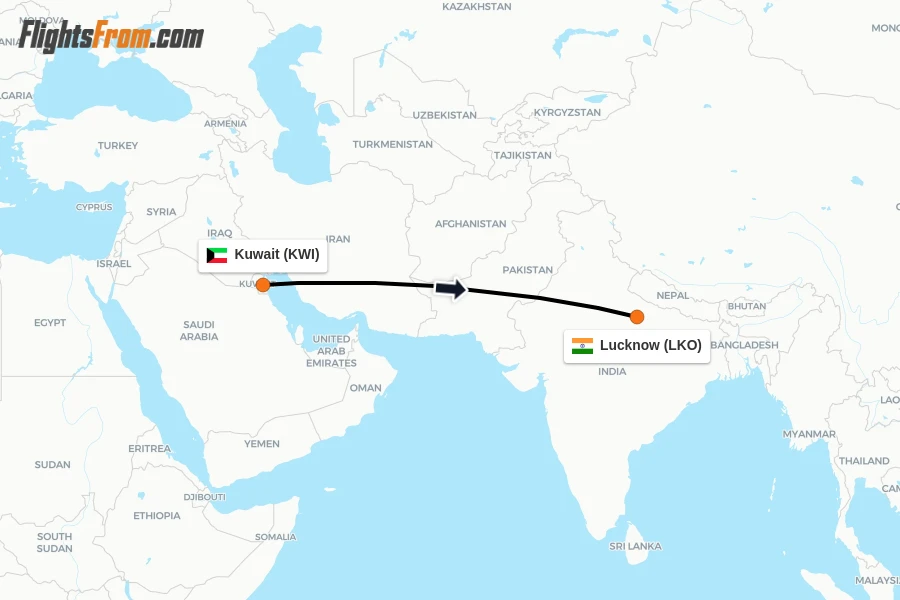 Flights from Kuwait to Lucknow route map