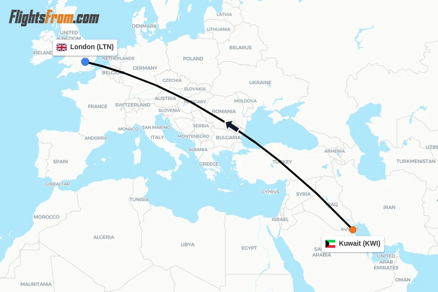 Flights from Kuwait to London route map