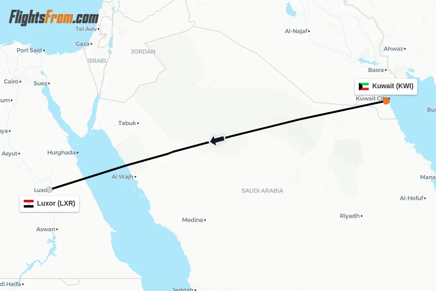 Flights from Kuwait to Luxor route map