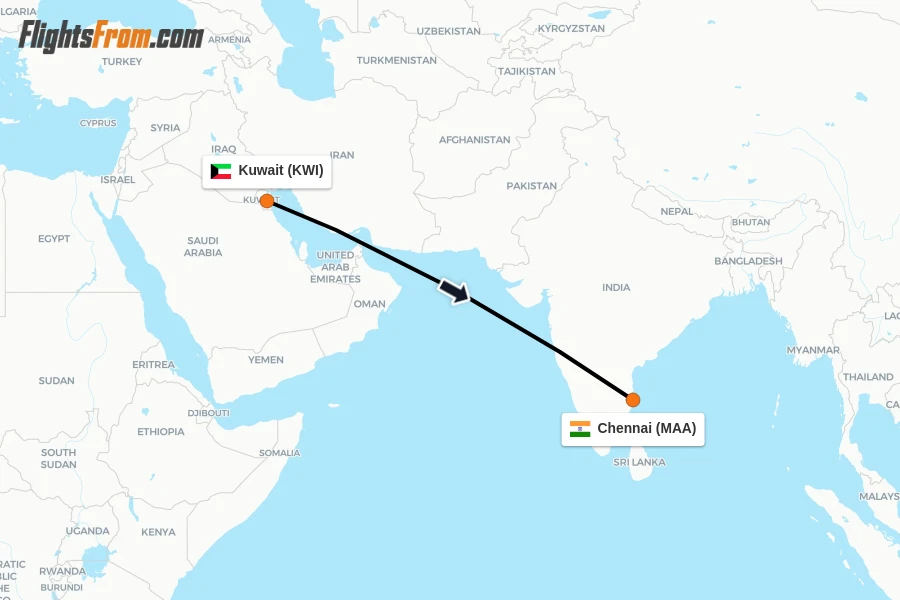 Flights from Kuwait to Chennai route map