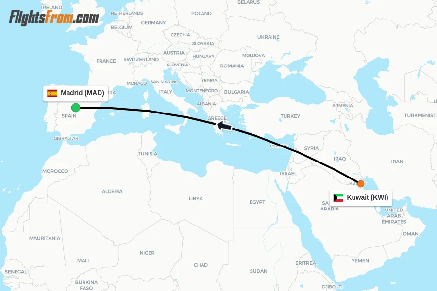 Flights from Kuwait to Madrid route map