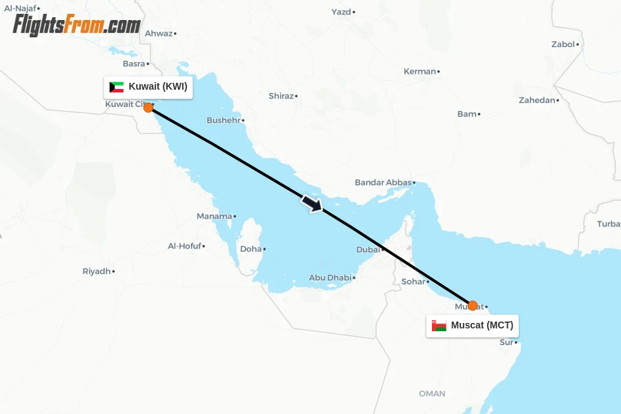 Flights from Kuwait to Muscat route map
