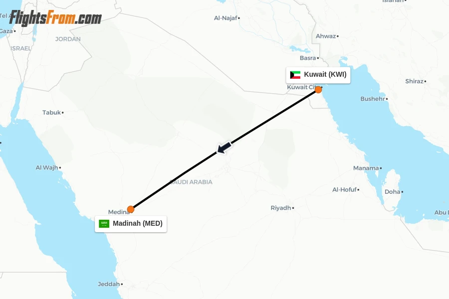 Flights from Kuwait to Madinah route map