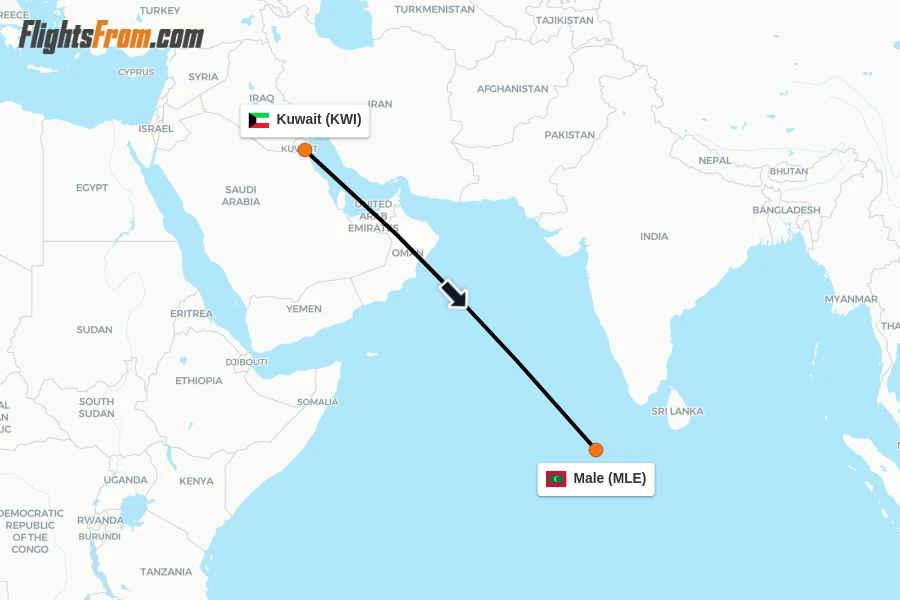 Flights from Kuwait to Male route map