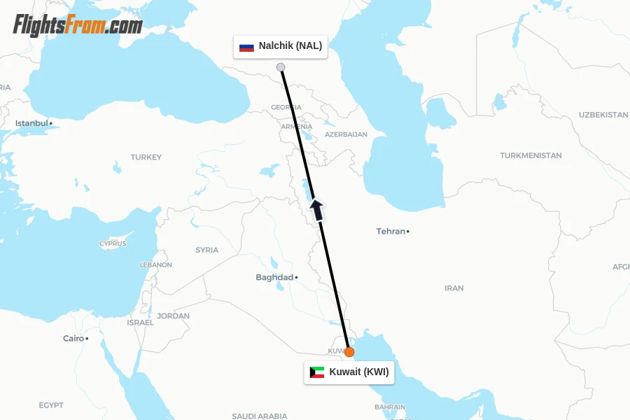 Flights from Kuwait to Nalchik route map