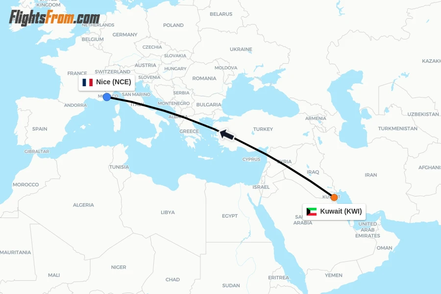 Flights from Kuwait to Nice route map