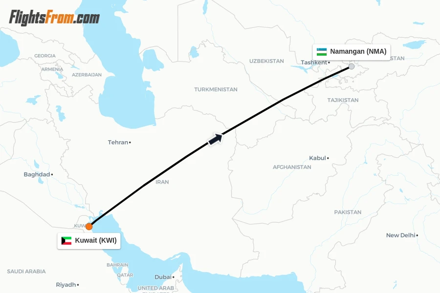 Flights from Kuwait to Namangan route map