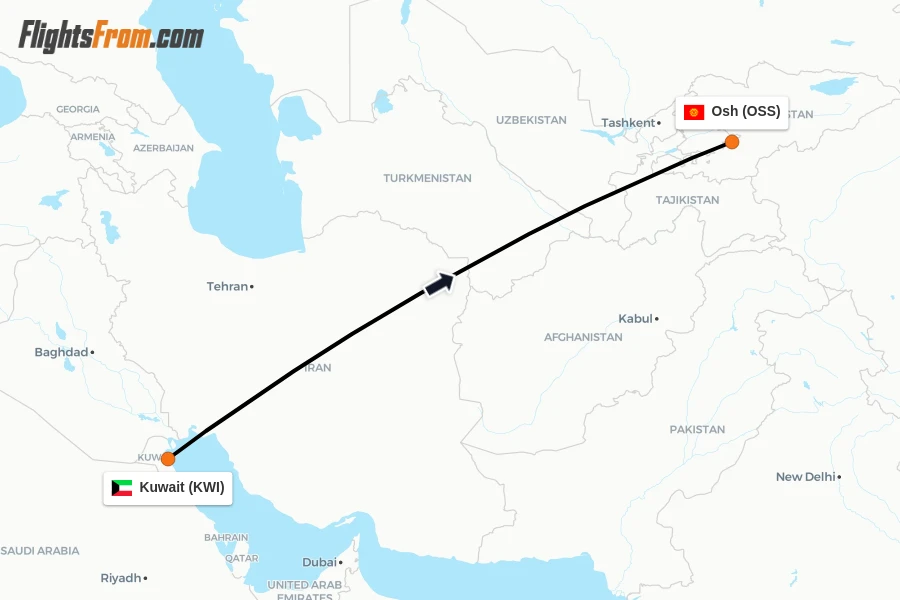 Flights from Kuwait to Osh route map