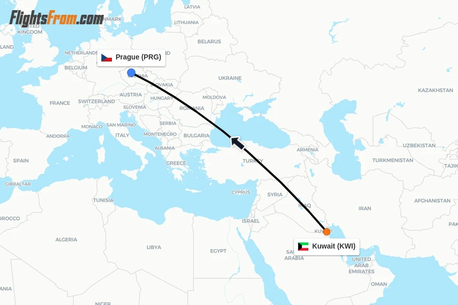 Flights from Kuwait to Prague route map