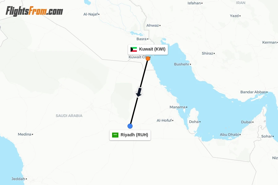 Flights from Kuwait to Riyadh route map