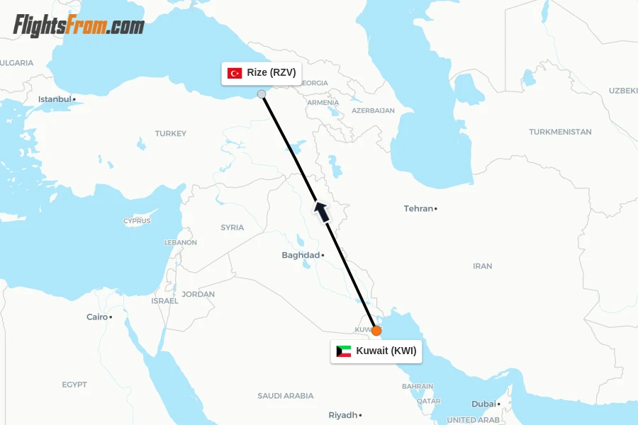 Flights from Kuwait to Rize route map