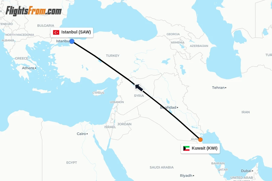 Flights from Kuwait to Istanbul route map