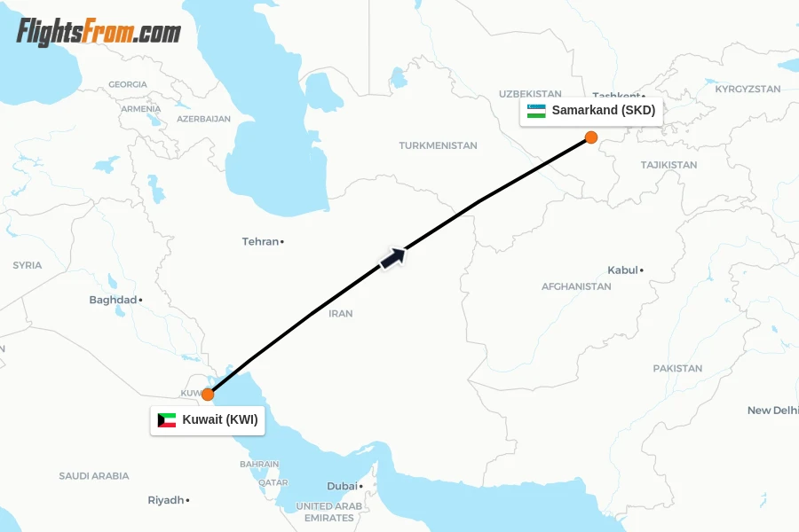Flights from Kuwait to Samarkand route map