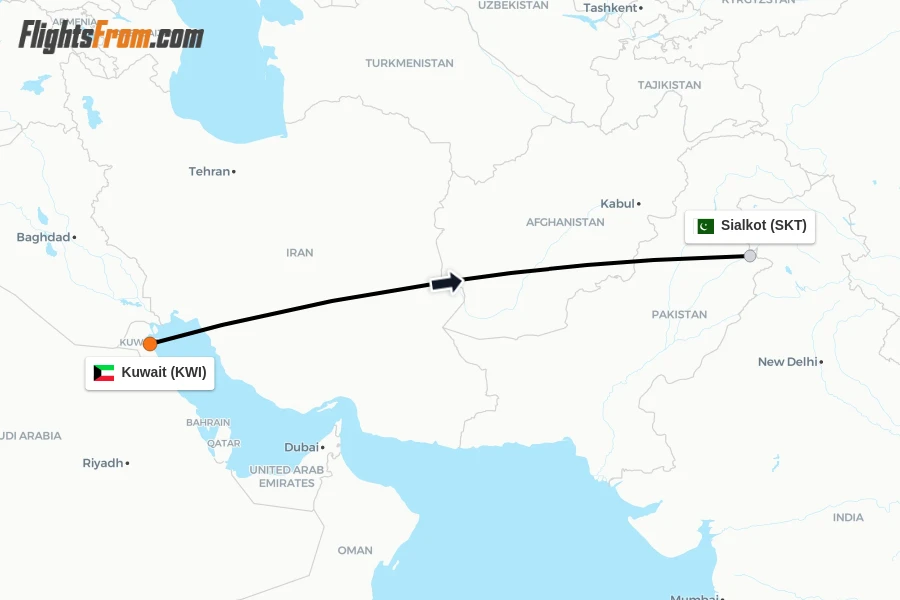 Flights from Kuwait to Sialkot route map