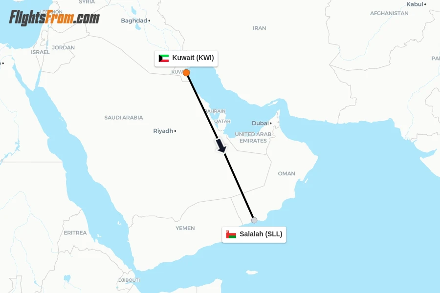 Flights from Kuwait to Salalah route map