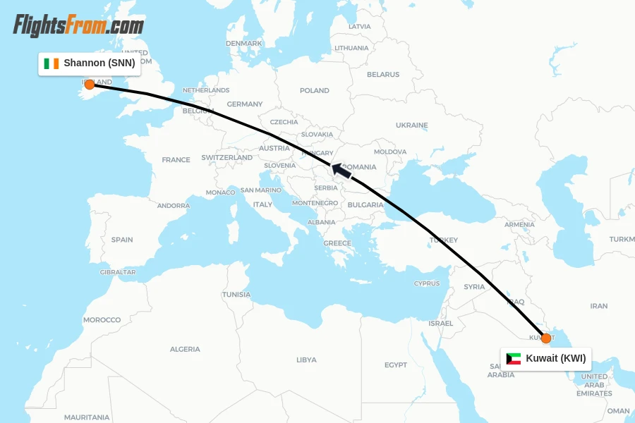 Flights from Kuwait to Shannon route map