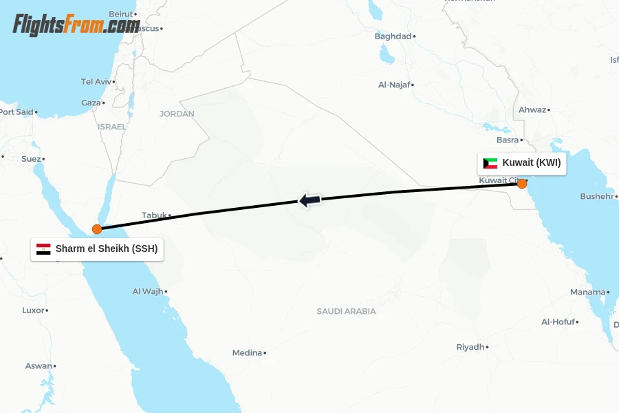 Flights from Kuwait to Sharm el Sheikh route map