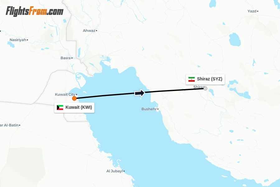 Flights from Kuwait to Shiraz route map