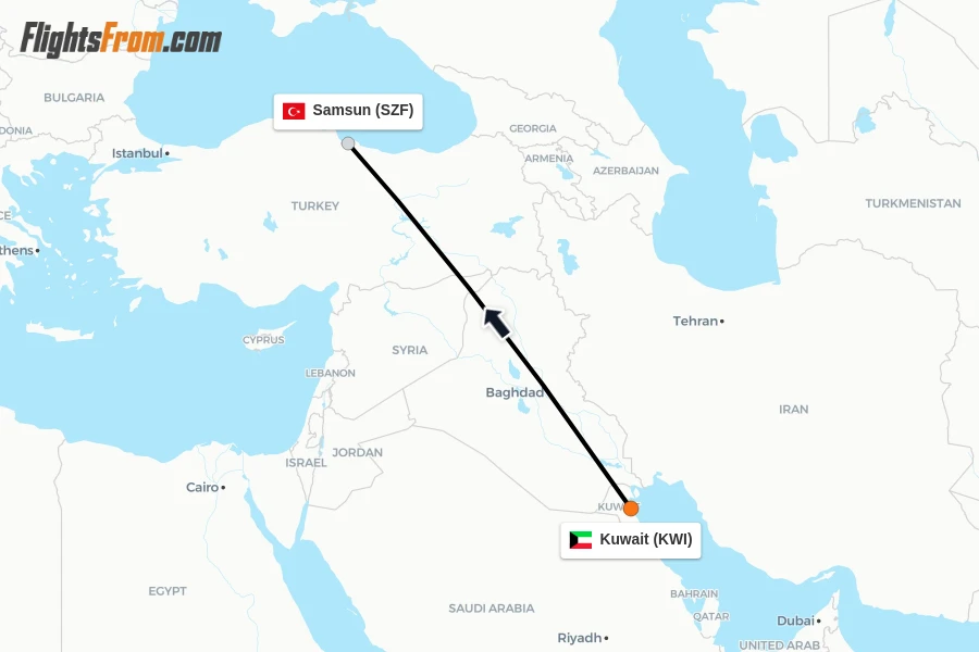Flights from Kuwait to Samsun route map
