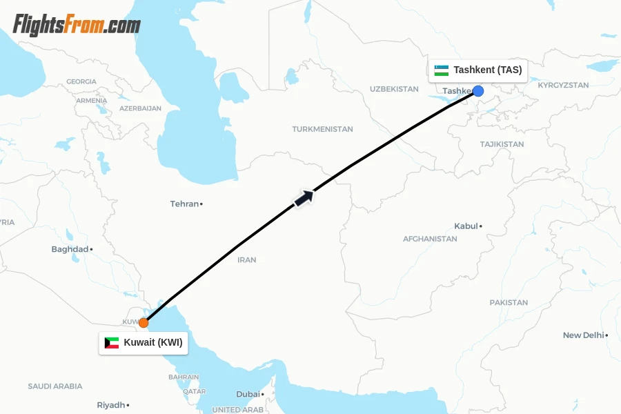 Flights from Kuwait to Tashkent route map