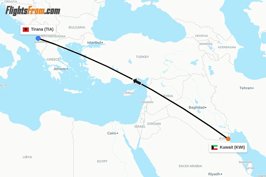Flights from Kuwait to Tirana route map