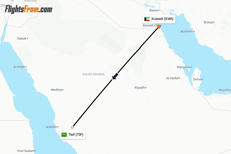 Flights from Kuwait to Taif route map